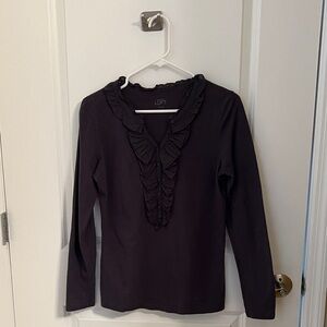 LOFT Gray Long-Sleeve Ruffle V-Neck Top